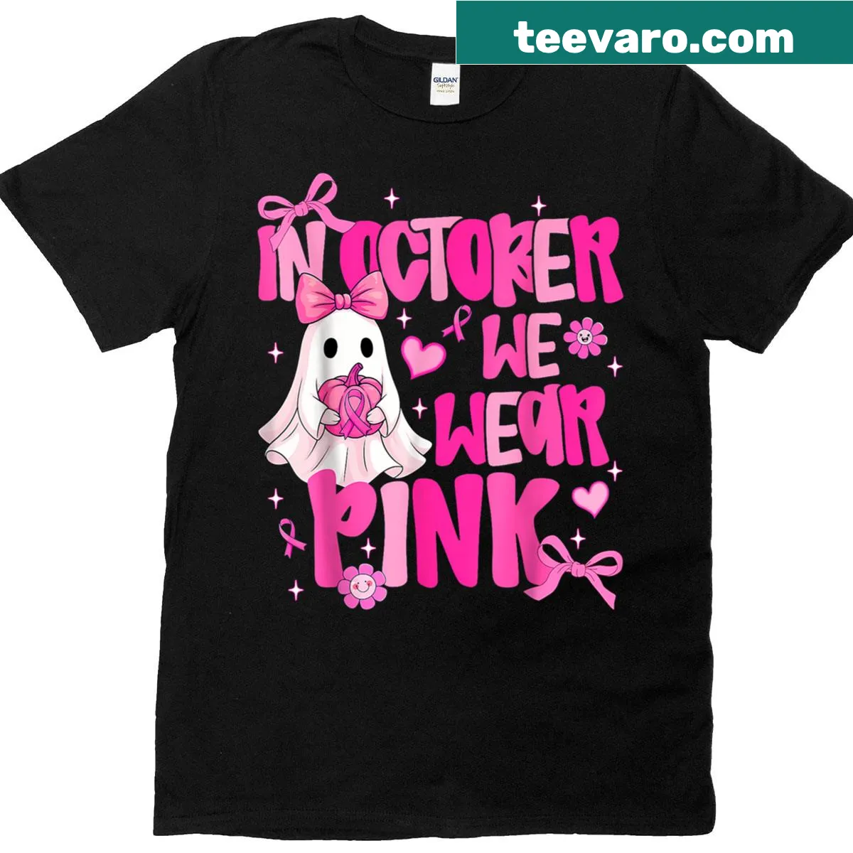 Cute ghost Halloween T-shirt promoting breast cancer awareness. — on a men's t-shirt