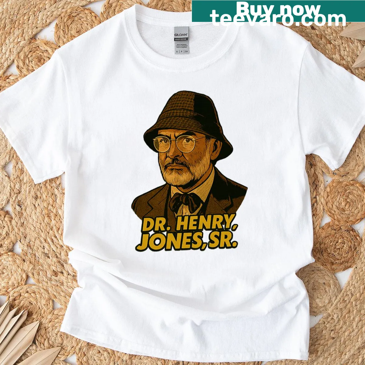 Illustrative Indiana Jones themed t-shirt for fathers — on a men's t-shirt