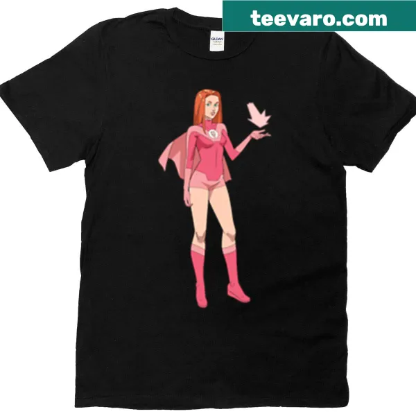 Graphic featuring Atom Eve character on a T-shirt