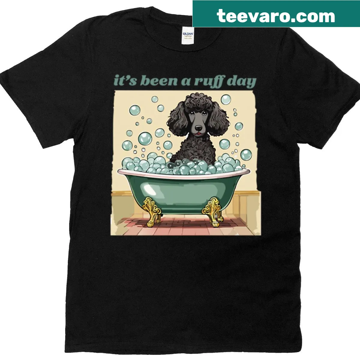 Cartoon graphic of a Standard Poodle in a bubble bath on a T-shirt — on a men's t-shirt