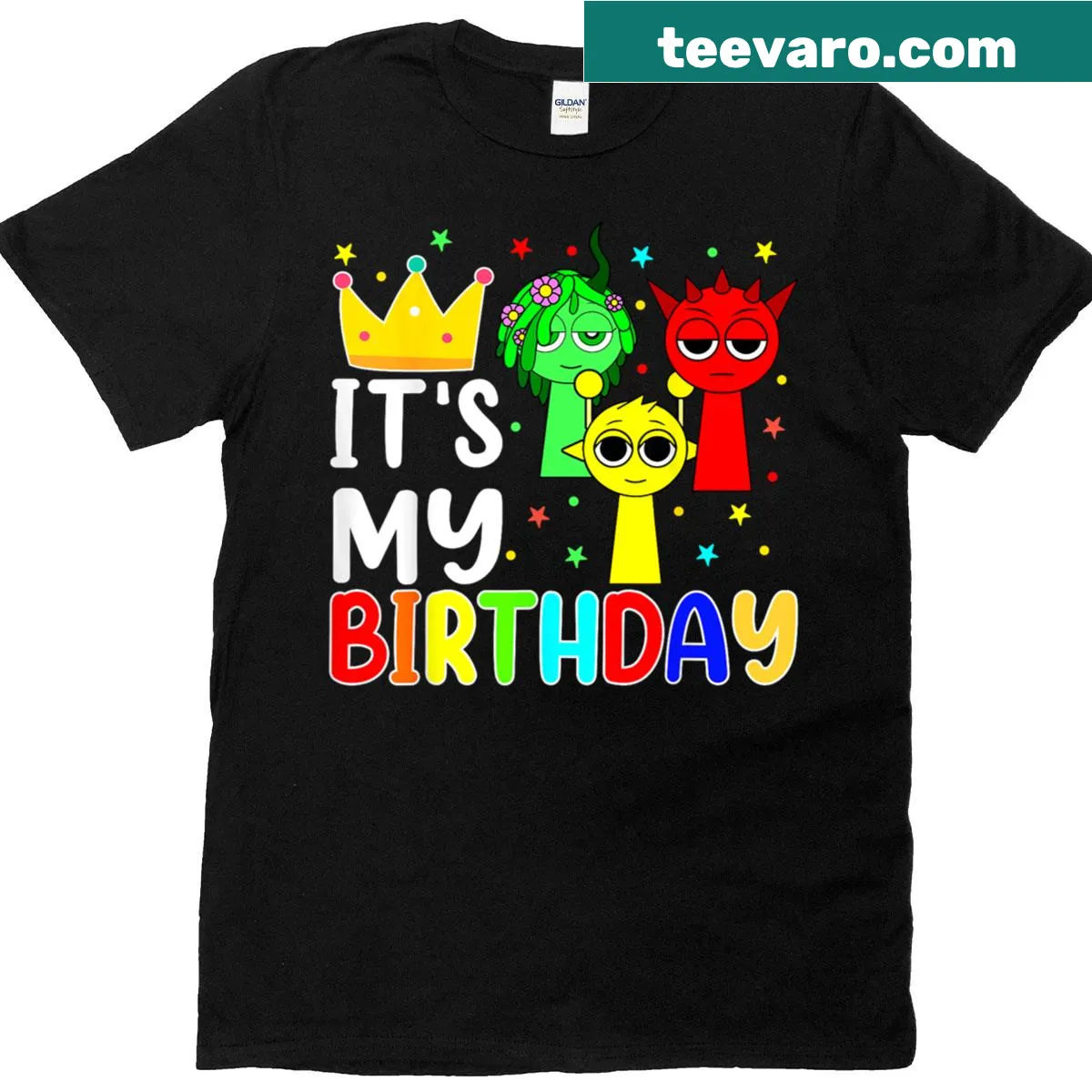 Cartoon characters and crown graphic on birthday tee — on a men's t-shirt