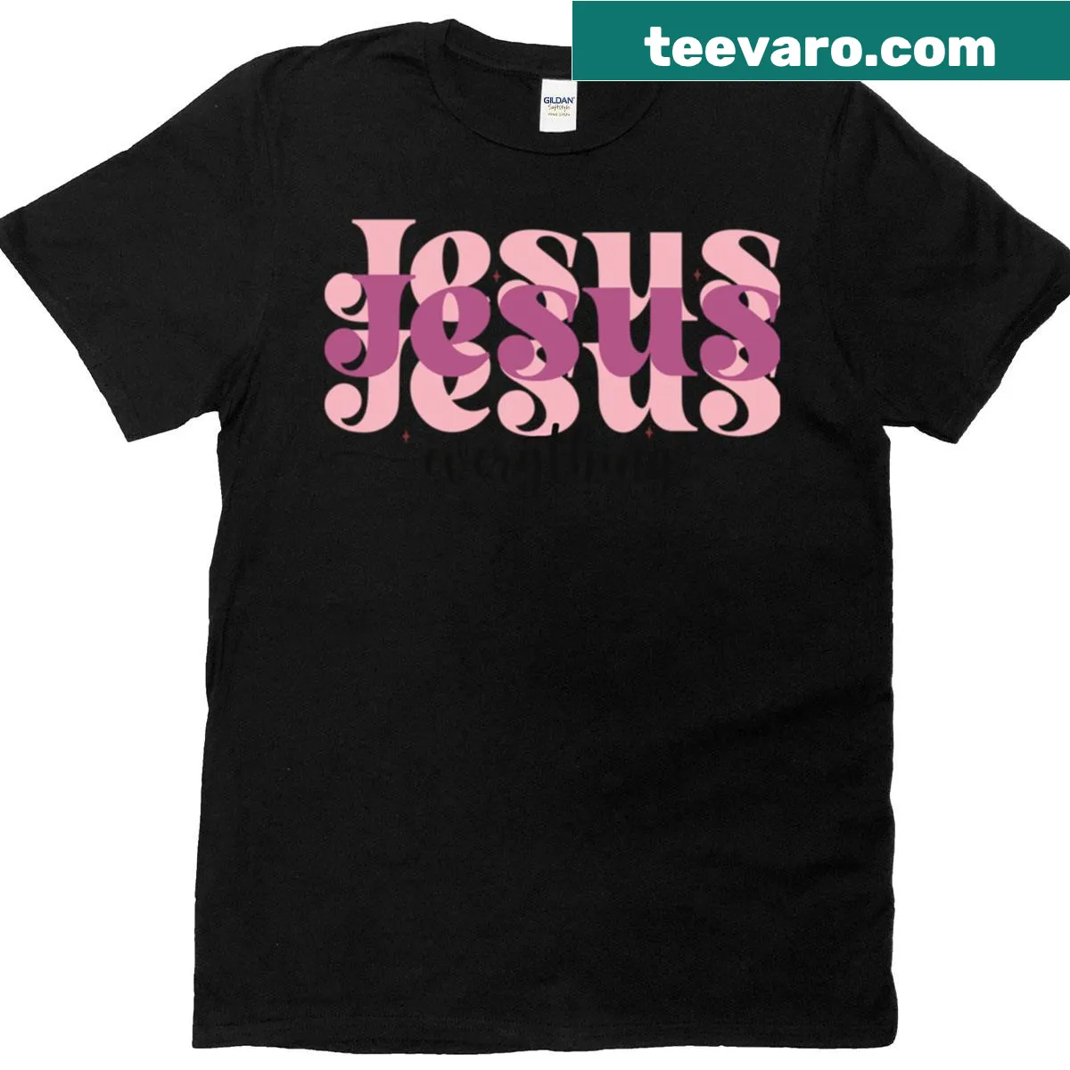 Hand-lettered Jesus Everything t-shirt in retro design — on a men's t-shirt