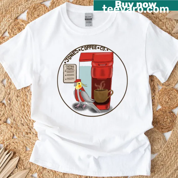 T-shirt featuring Jones Coffee Co logo, celebrating coffee culture.