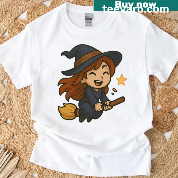 T-shirt featuring a joyful witch in a playful, whimsical design.