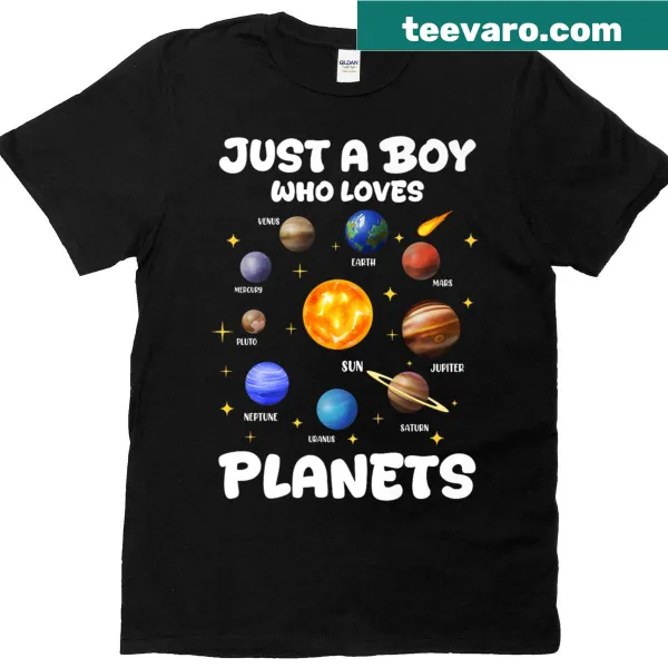 Playful solar system shirt for boys with planet illustrations and text