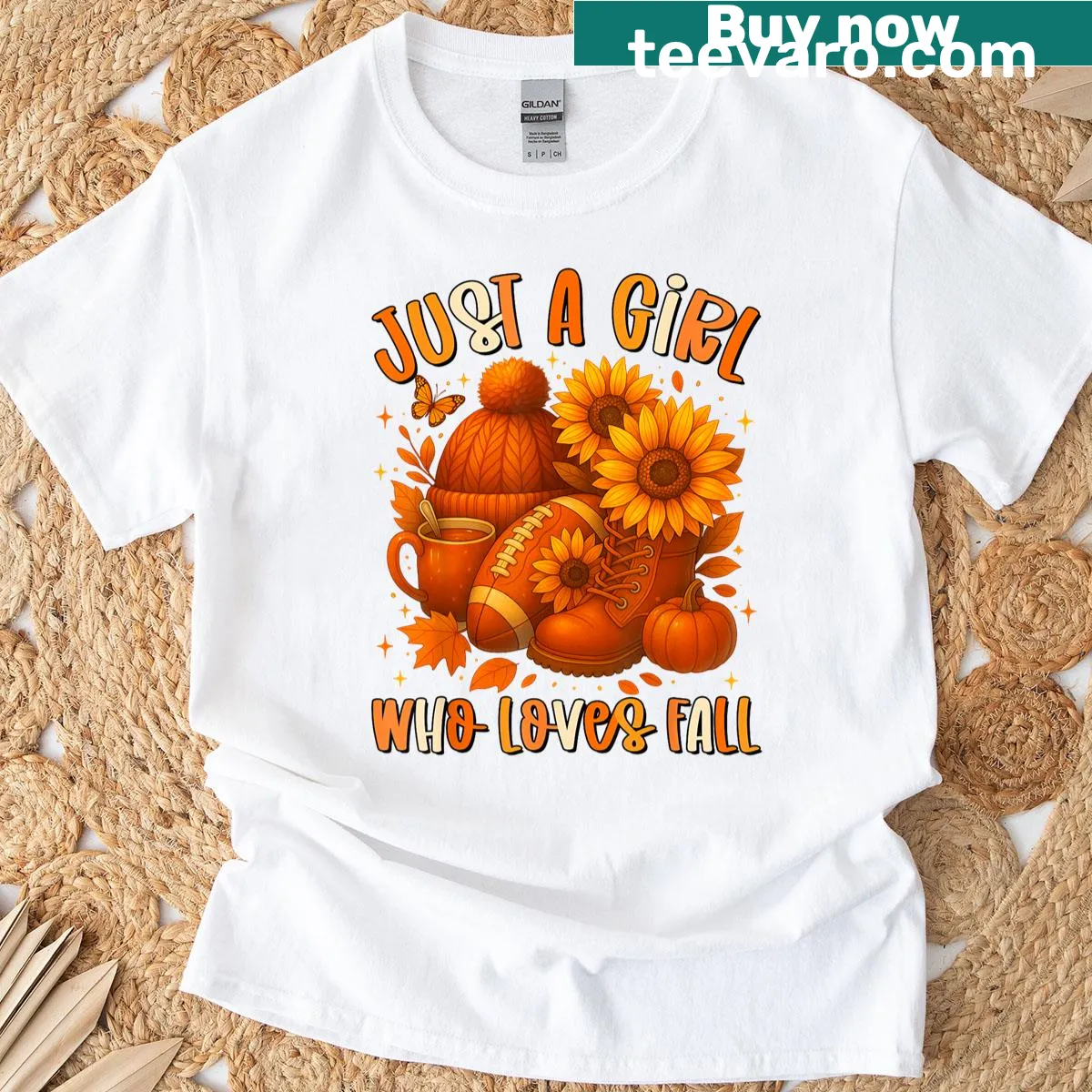 Illustrated t-shirt with fall football, sunflowers, and leaves — on a men's t-shirt