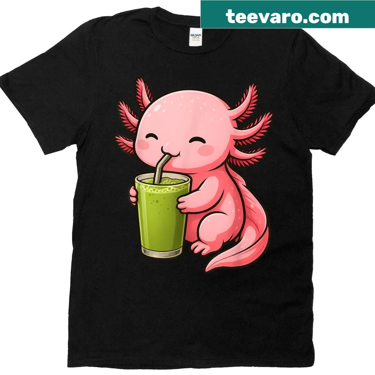 Adorable axolotl drinking matcha latte graphic on a t-shirt — on a men's t-shirt