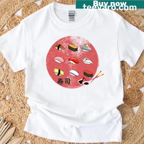 Cute sushi characters on a T-shirt for kids.