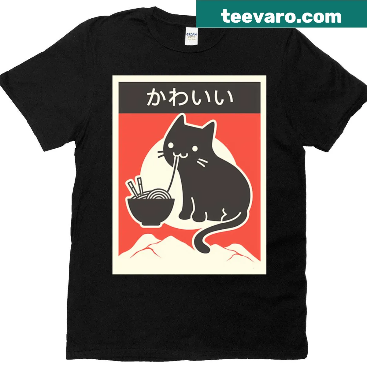 Vintage-style T-shirt featuring a kawaii cat with ramen design — on a men's t-shirt