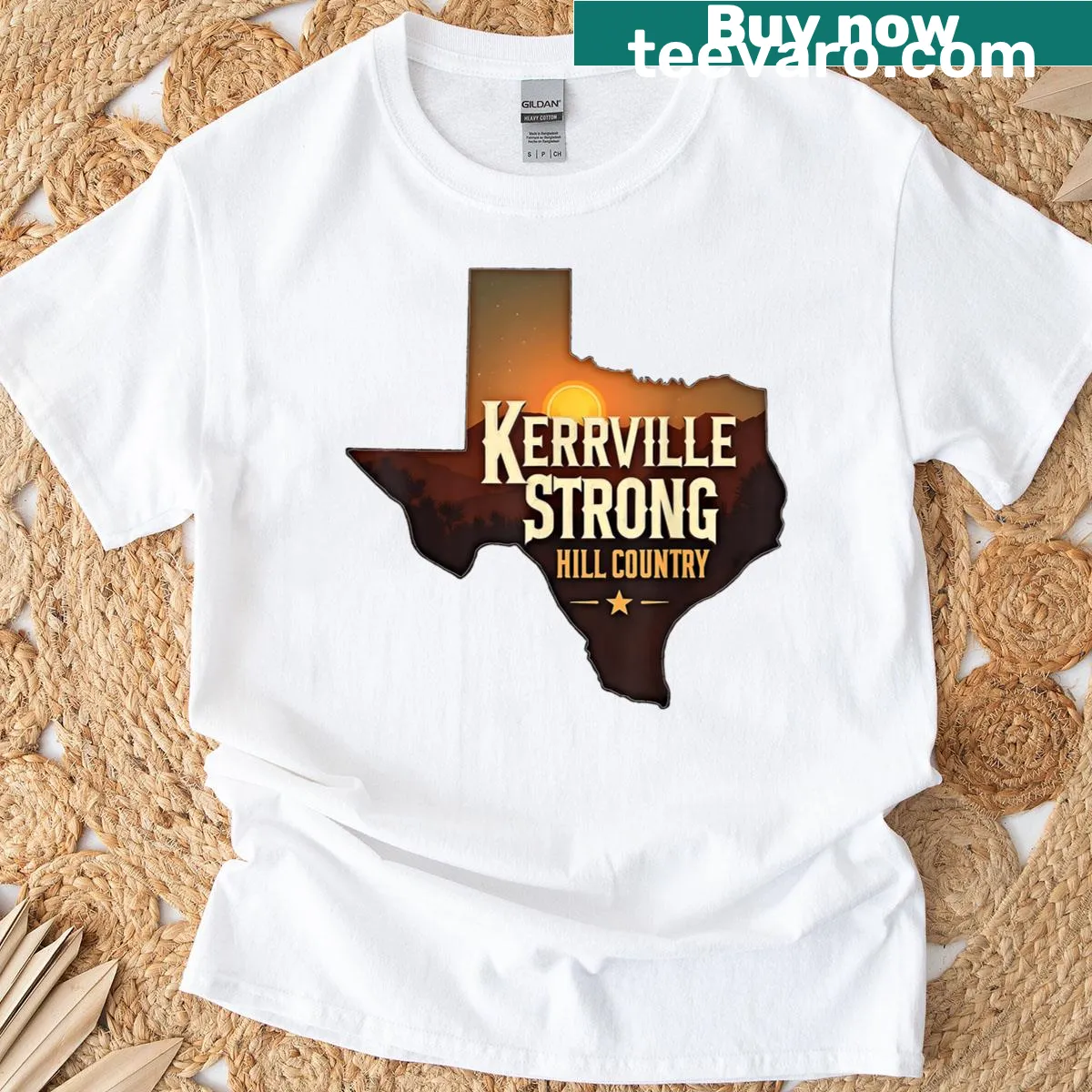 Bold 'Kerrville Strong' graphic on a Texas-themed t-shirt. — on a men's t-shirt