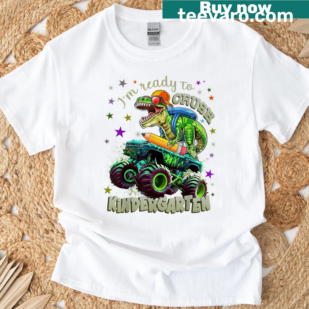 Dinosaur graphic with text 'I'm Ready To Crush Kindergarten' for kids — on a men's t-shirt