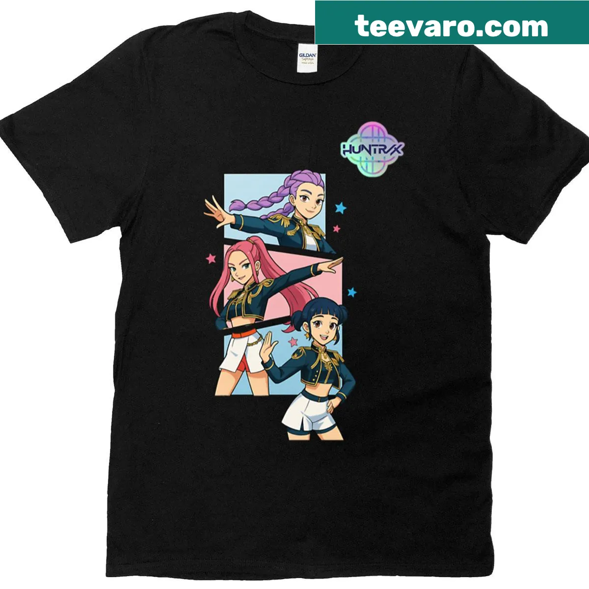 Fan art t-shirt featuring Huntrix from Kpop Demon Hunters — on a men's t-shirt