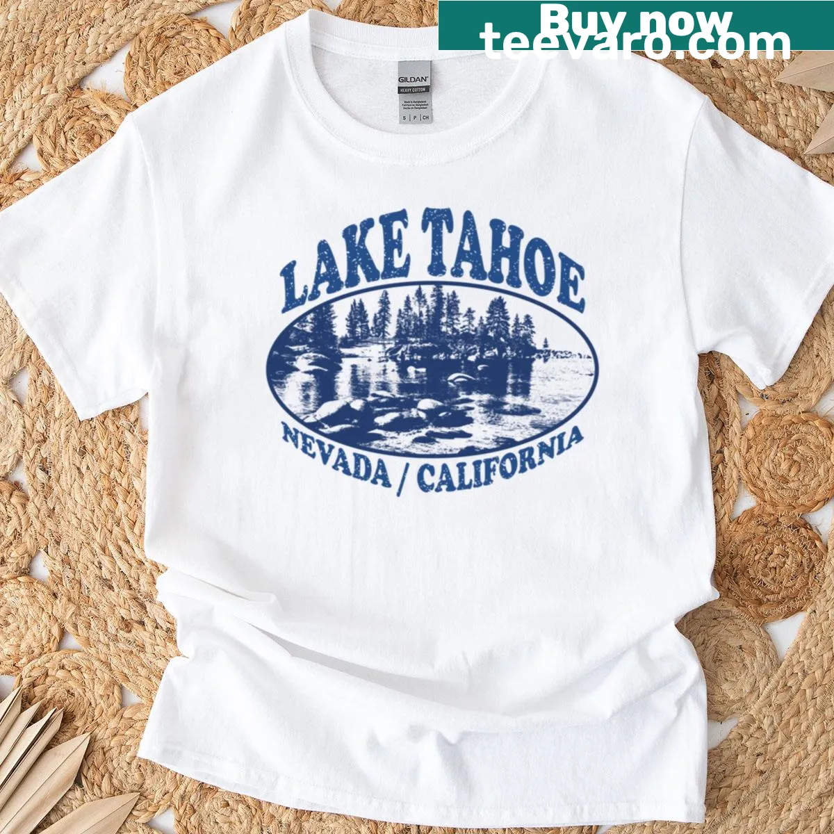 Beautiful illustrated T-shirt of Lake Tahoe, Nevada, and California — on a men's t-shirt