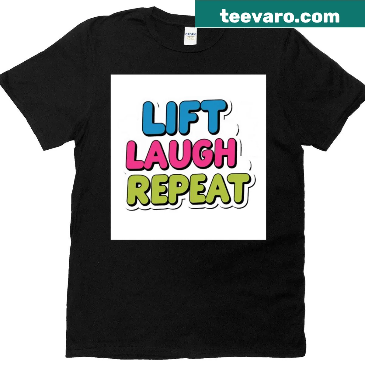 Motivational typography graphic t-shirt with Lift Laugh Repeat design — on a men's t-shirt