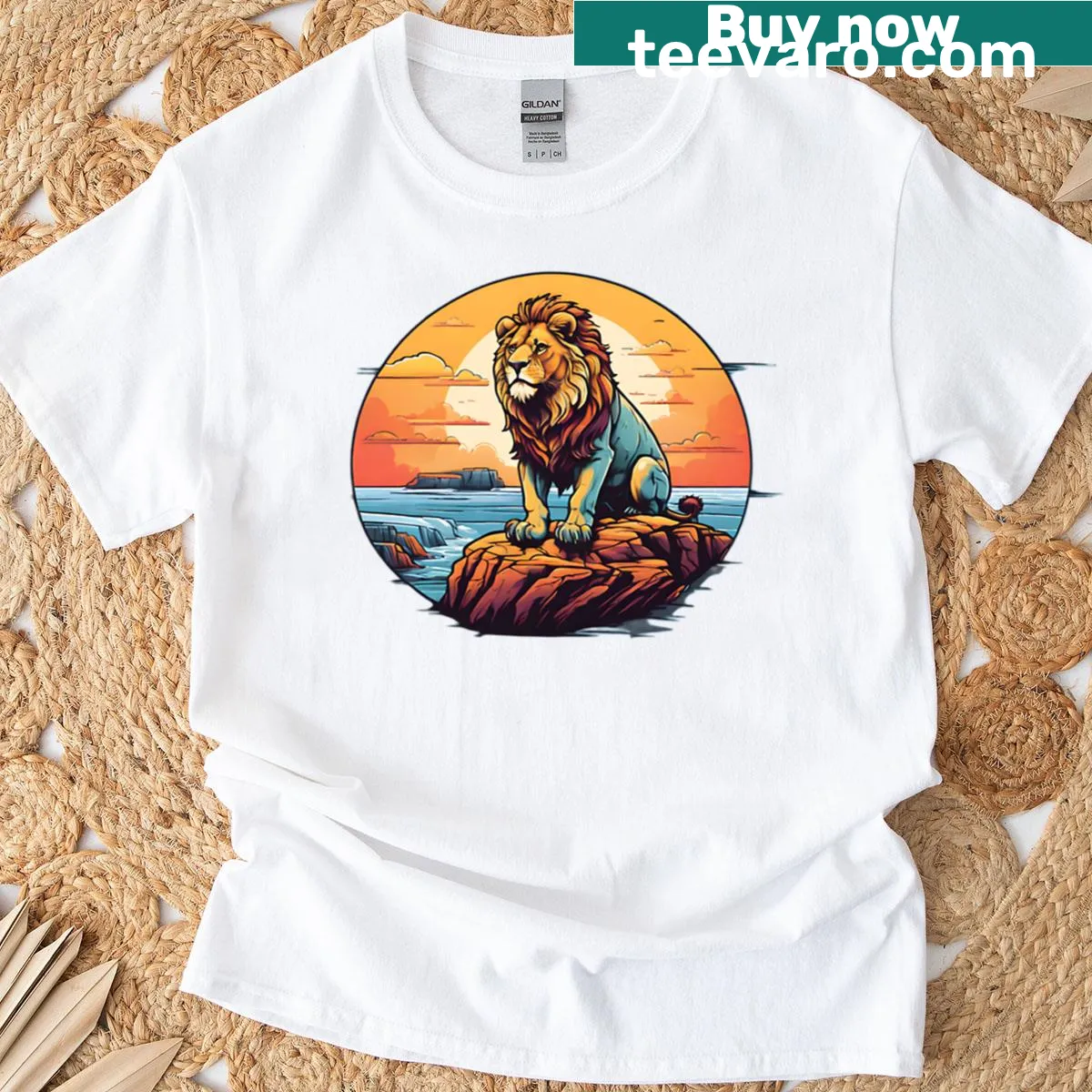 Illustration of a lion on cliffs, symbolizing strength and courage — on a men's t-shirt