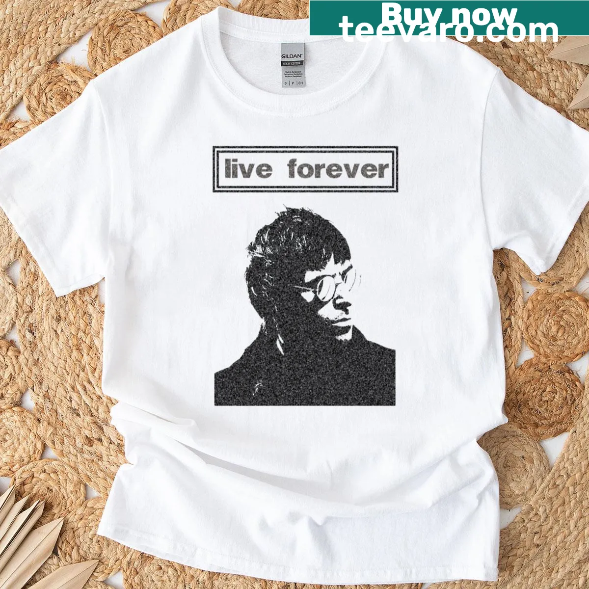 Oasis Live Forever t-shirt with bold typography — on a men's t-shirt