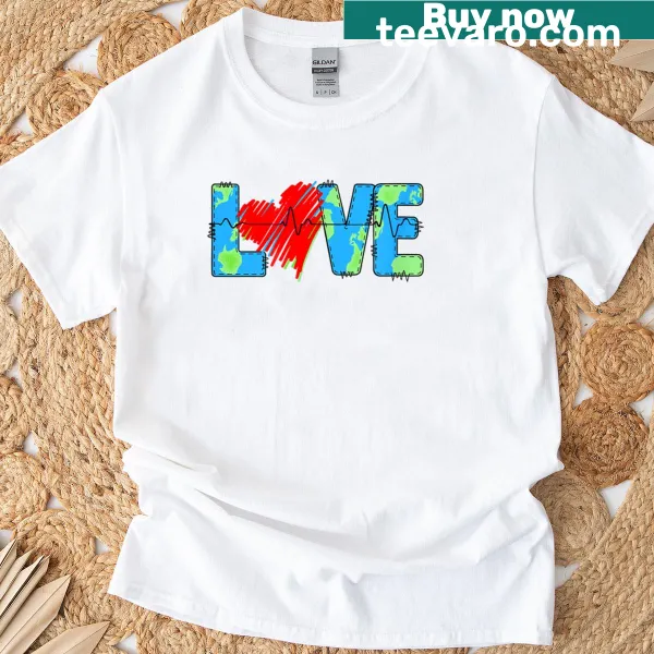 Illustrative Love Earth design T-shirt promoting environmental awareness