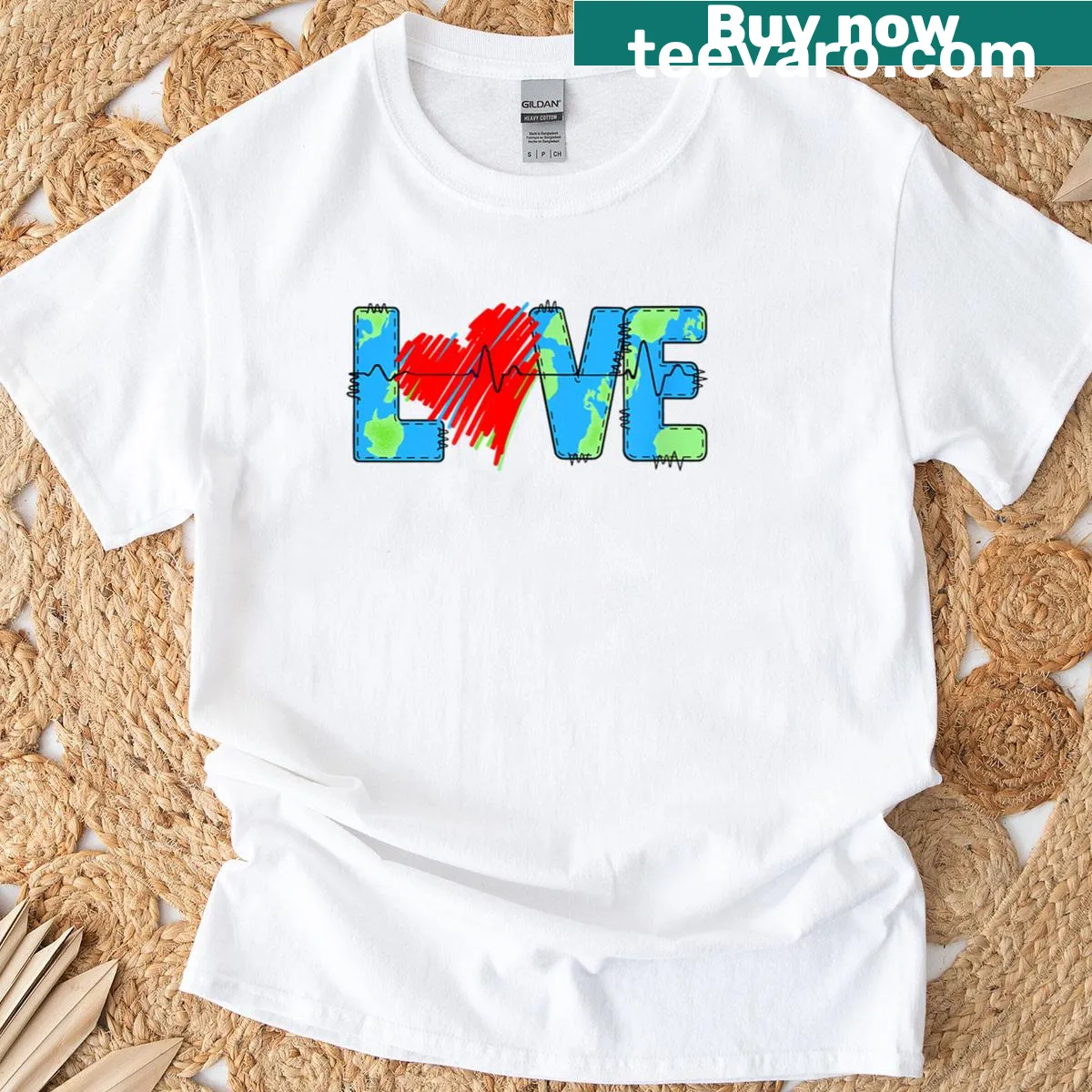 Illustrative Love Earth design T-shirt promoting environmental awareness — on a men's t-shirt
