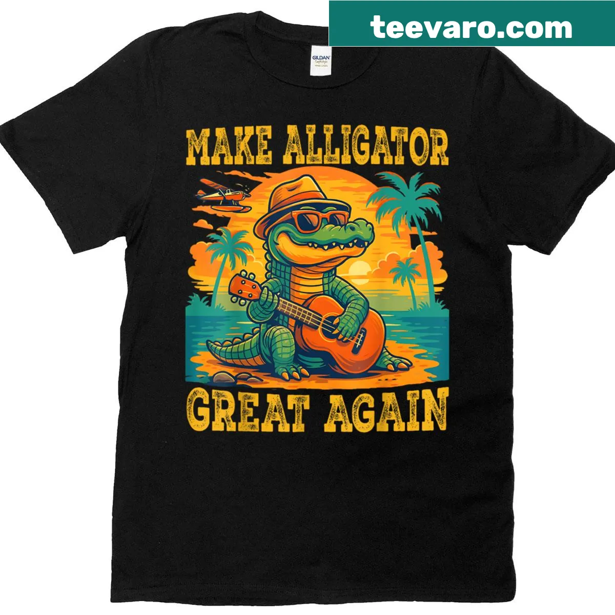 Vintage-style T-shirt with humorous 'Make Alligators Great Again' slogan and alligator graphic. — on a men's t-shirt