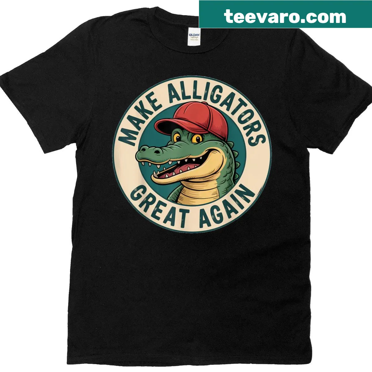 Funny T-shirt with the phrase 'Make Alligators Great Again' in a bold font. — on a men's t-shirt