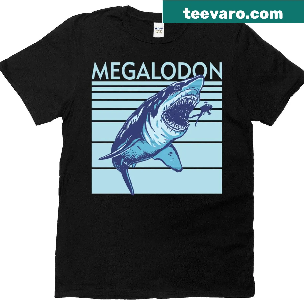 Megalodon shark tooth illustration on a T-shirt — on a men's t-shirt