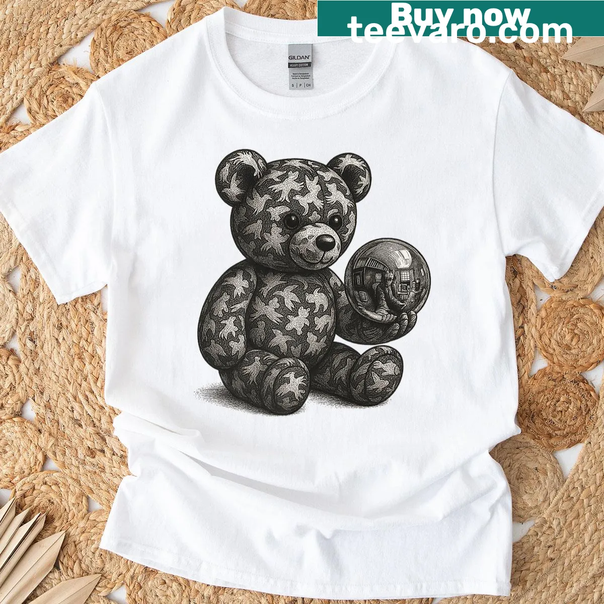 Teddy bear design inspired by Mc Escher's artwork — on a men's t-shirt