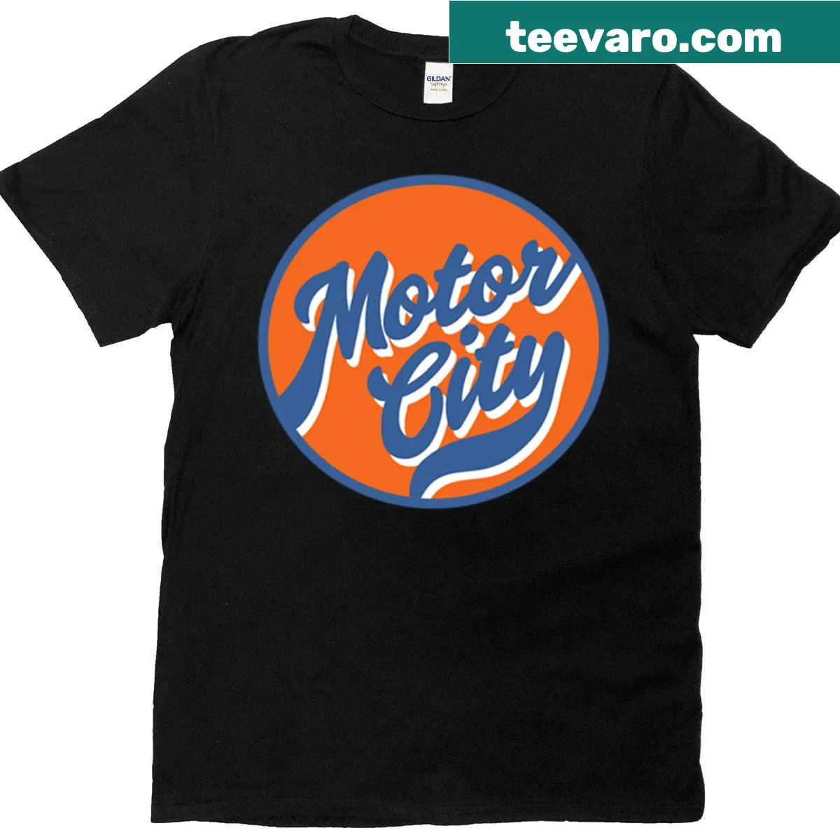 Motor City-themed T-shirt with automotive graphics — on a men's t-shirt