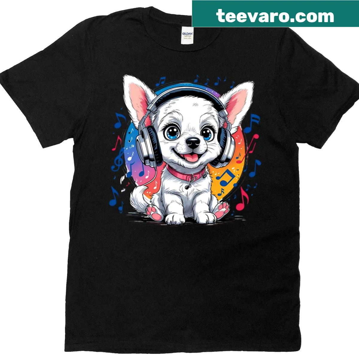 Illustrated T-shirt featuring a dog with musical notes — on a men's t-shirt