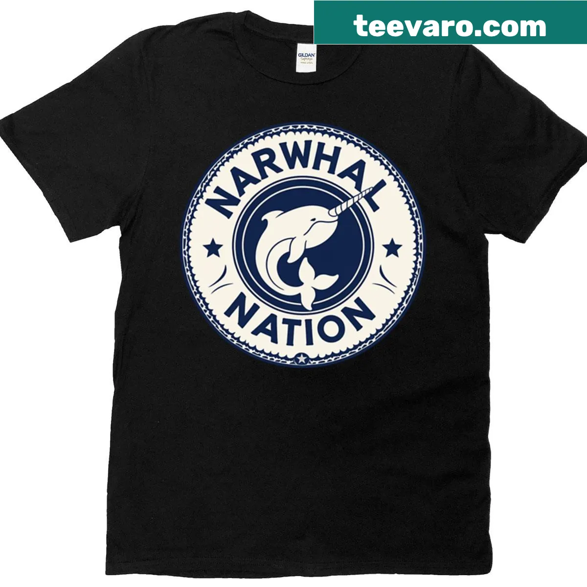 Playful narwhal illustration on a T-shirt — on a men's t-shirt