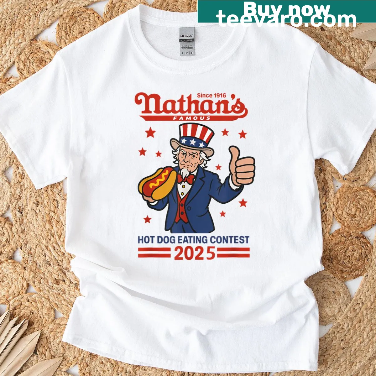 Humorous graphic tee for Nathan's Famous Hot Dog Eating Contest 2025 — on a men's t-shirt