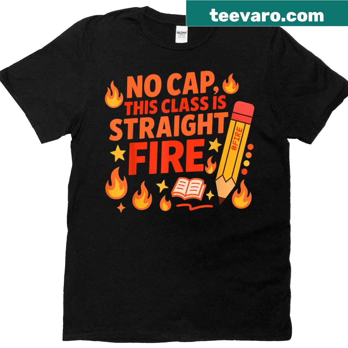 Bold T-shirt with the phrase 'No Cap This Class Is Straight Fire' in striking typography. — on a men's t-shirt