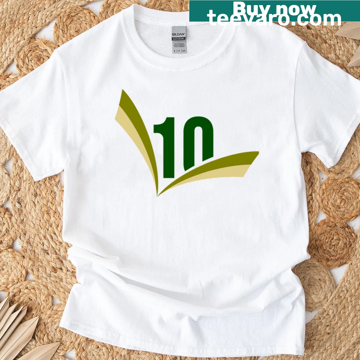 Bold T-shirt featuring the number ten with gold details — on a men's t-shirt
