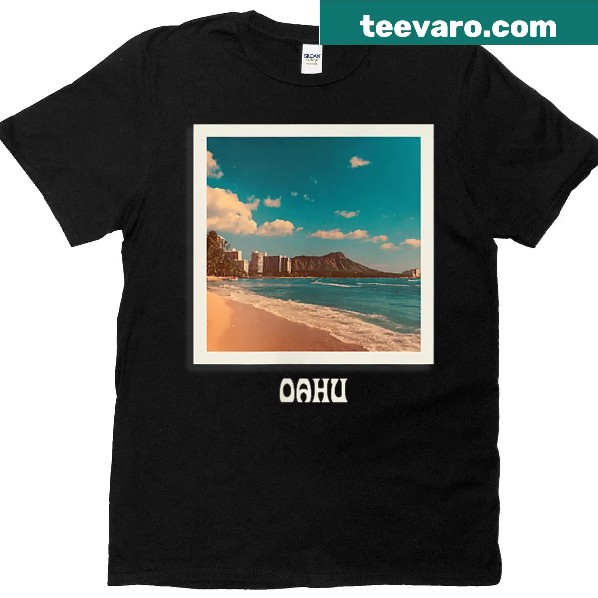 Oahu t-shirt featuring a sunny beach and palm trees illustration — on a men's t-shirt