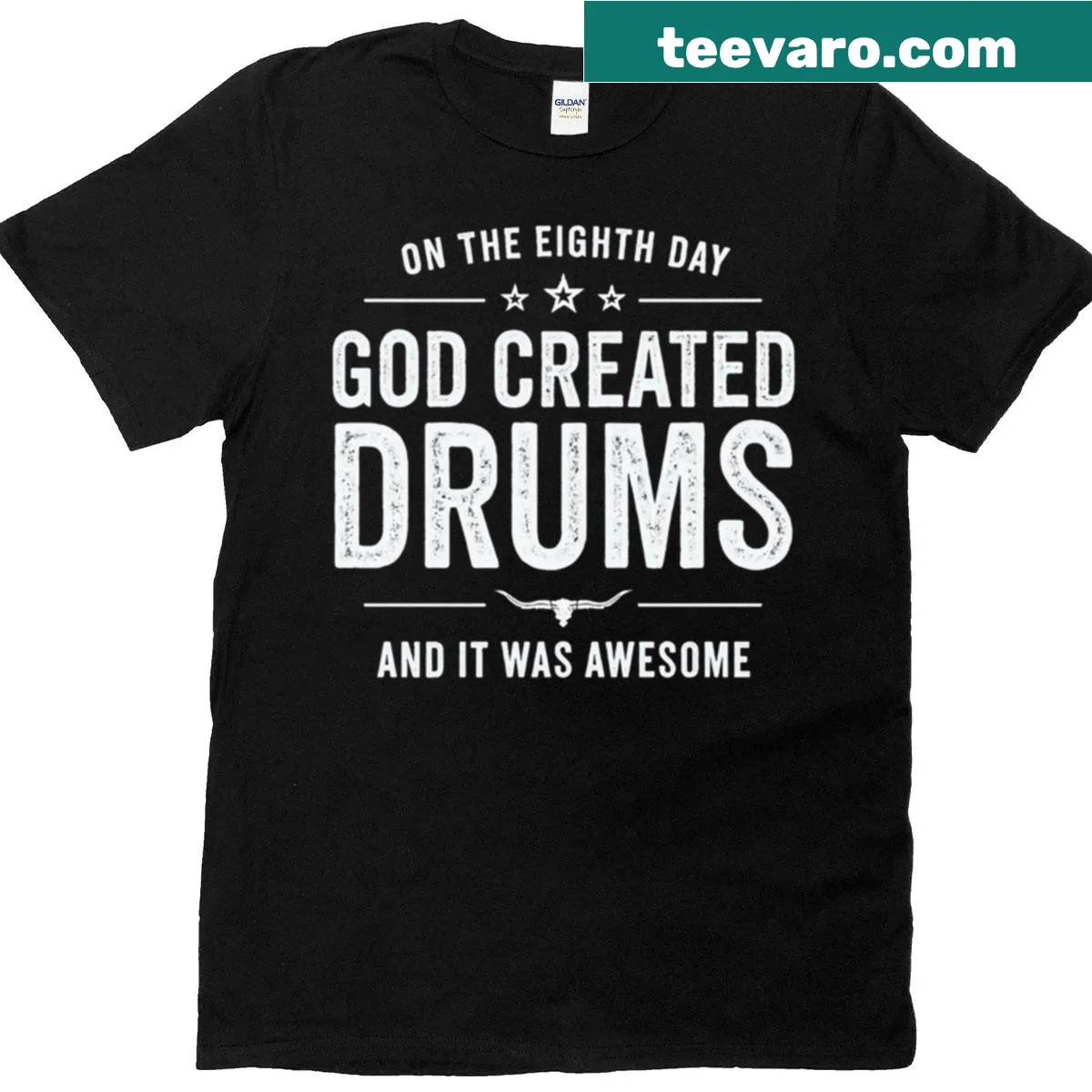 Inspirational T-shirt with the phrase 'On The 8th Day God Created Drums.' — on a men's t-shirt
