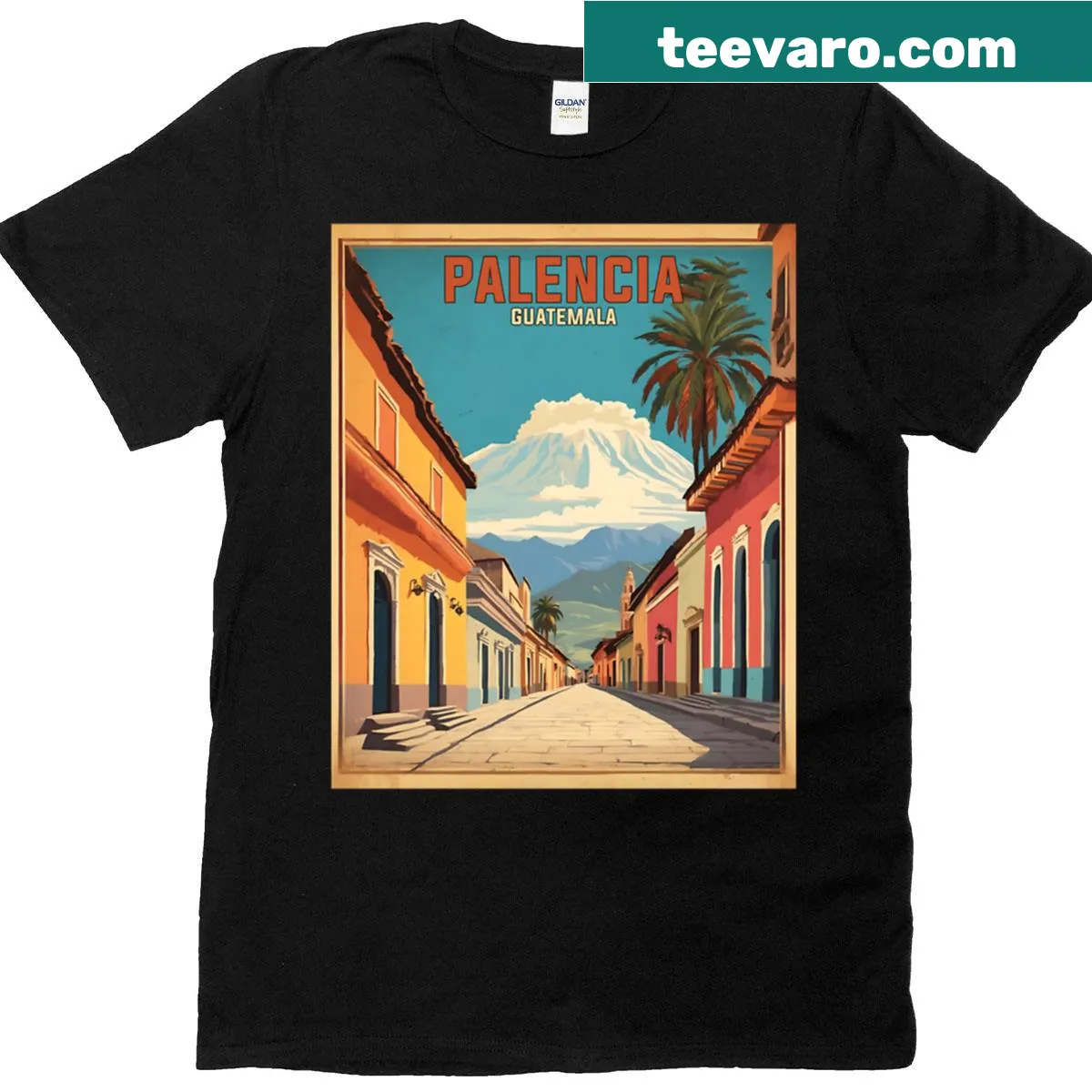 Vintage poster style T-shirt featuring Palencia, Guatemala tourism graphic — on a men's t-shirt