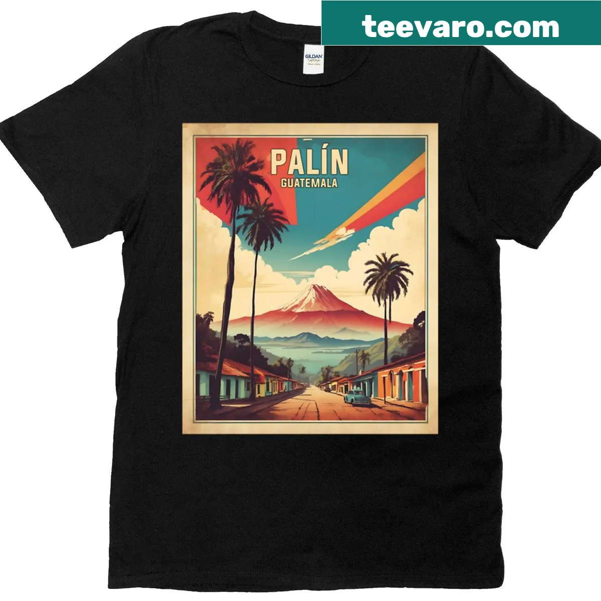 Vintage-style T-shirt with a Guatemala tourism poster design. — on a men's t-shirt