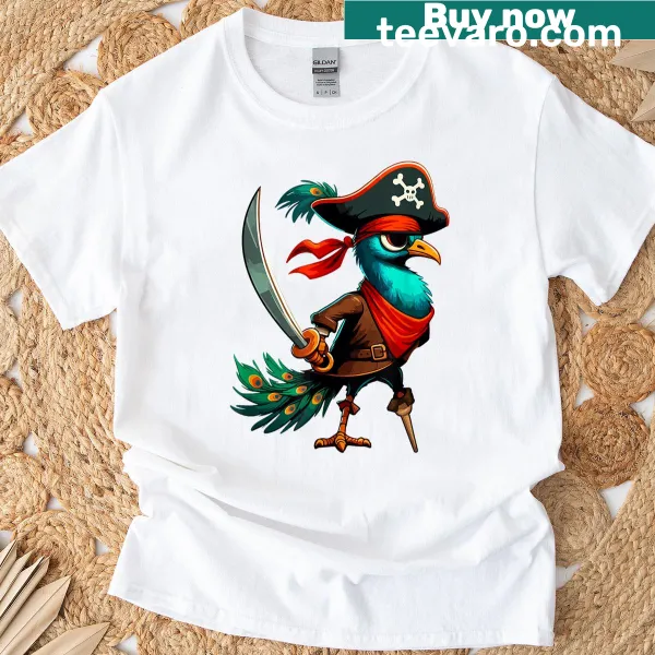 T-shirt featuring a peacock dressed as a pirate for Halloween
