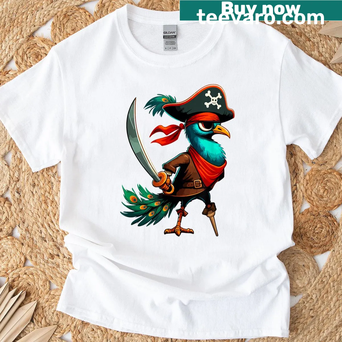 T-shirt featuring a peacock dressed as a pirate for Halloween — on a men's t-shirt