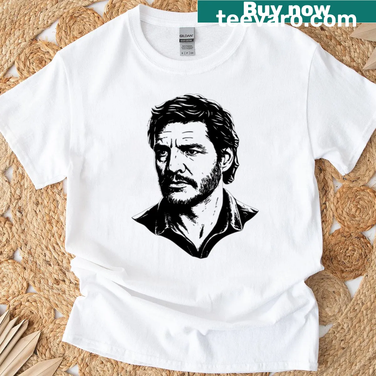 Stylized Pedro Pascal graphic t-shirt inspired by The Last Of Us — on a men's t-shirt