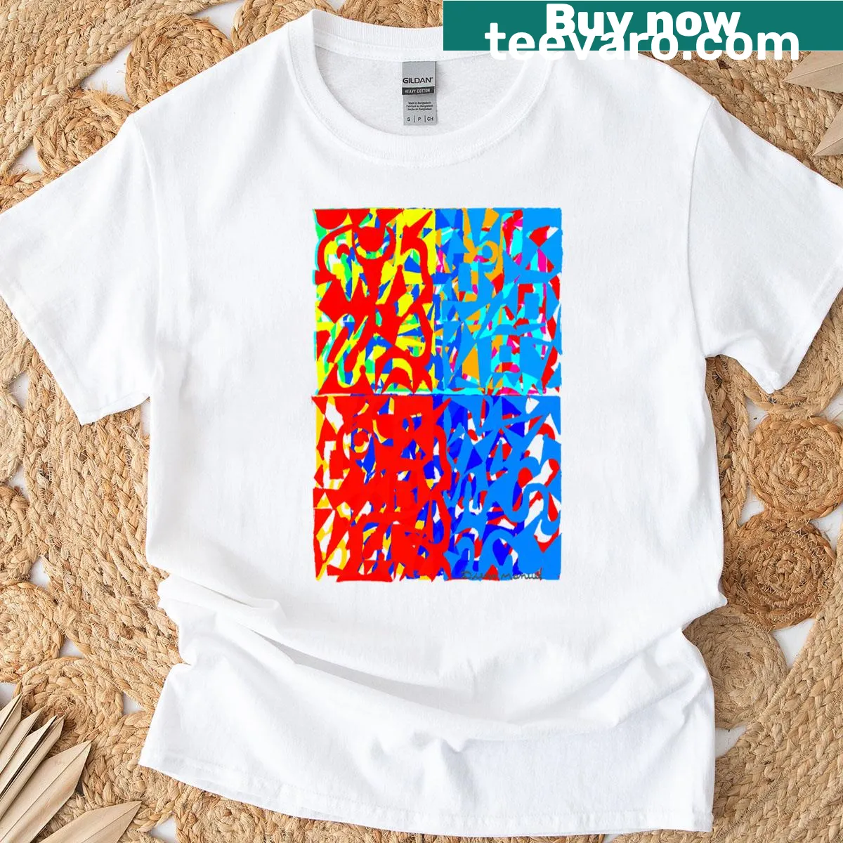 Minimalist abstract typography graphic on a T-shirt — on a men's t-shirt
