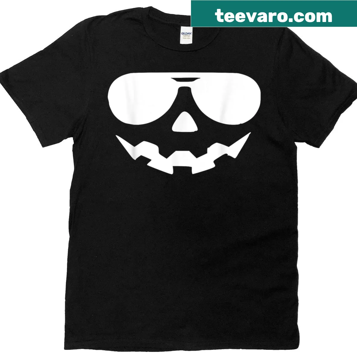 Quirky Halloween t-shirt featuring a smiling pumpkin with glasses and a playful design. — on a men's t-shirt