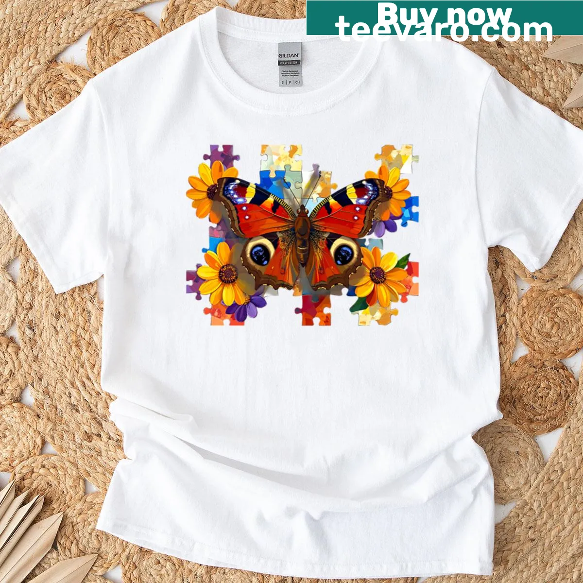 Illustrative butterfly graphic with a puzzled expression on a t-shirt — on a men's t-shirt
