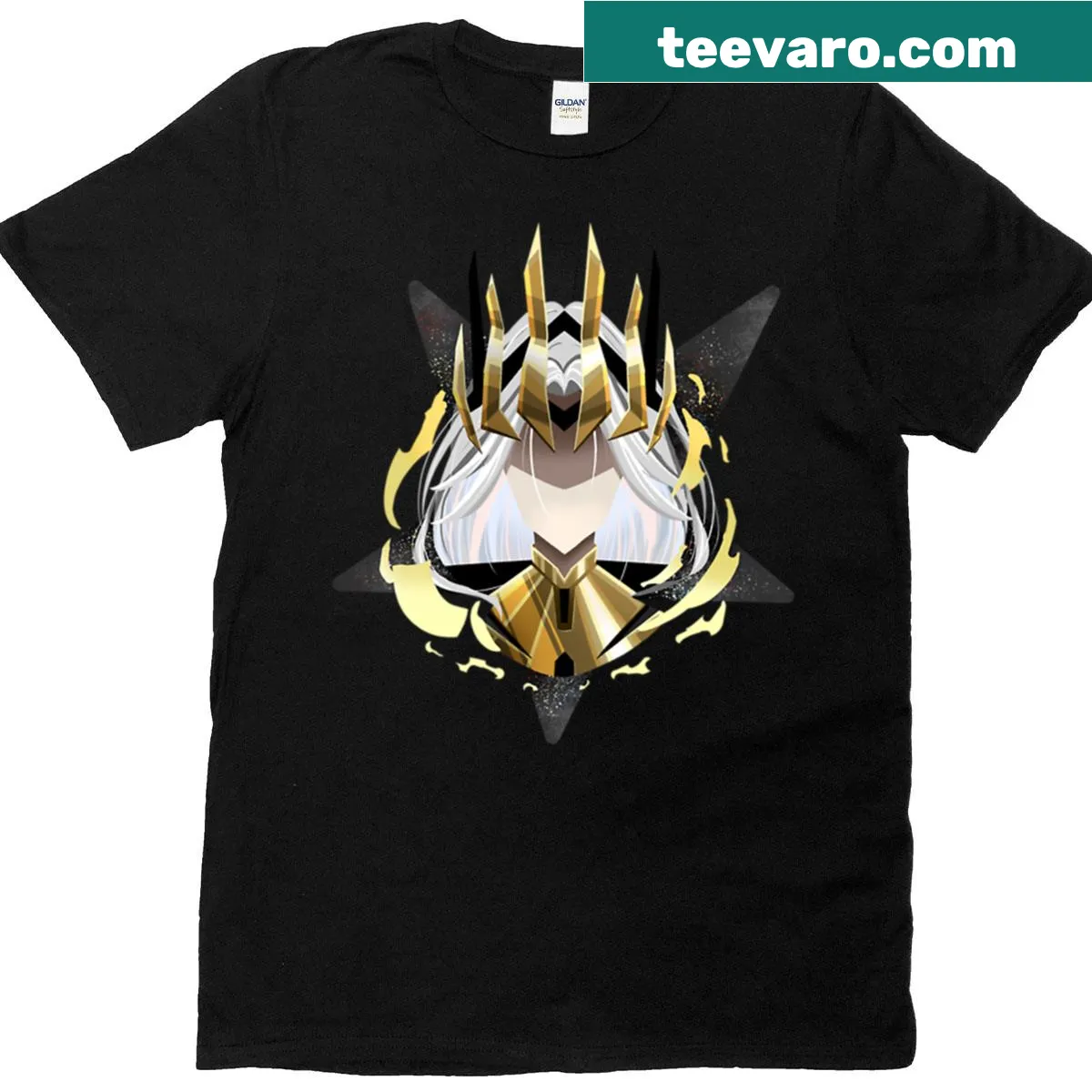 Illustrated T-shirt featuring a cosmic queen theme — on a men's t-shirt
