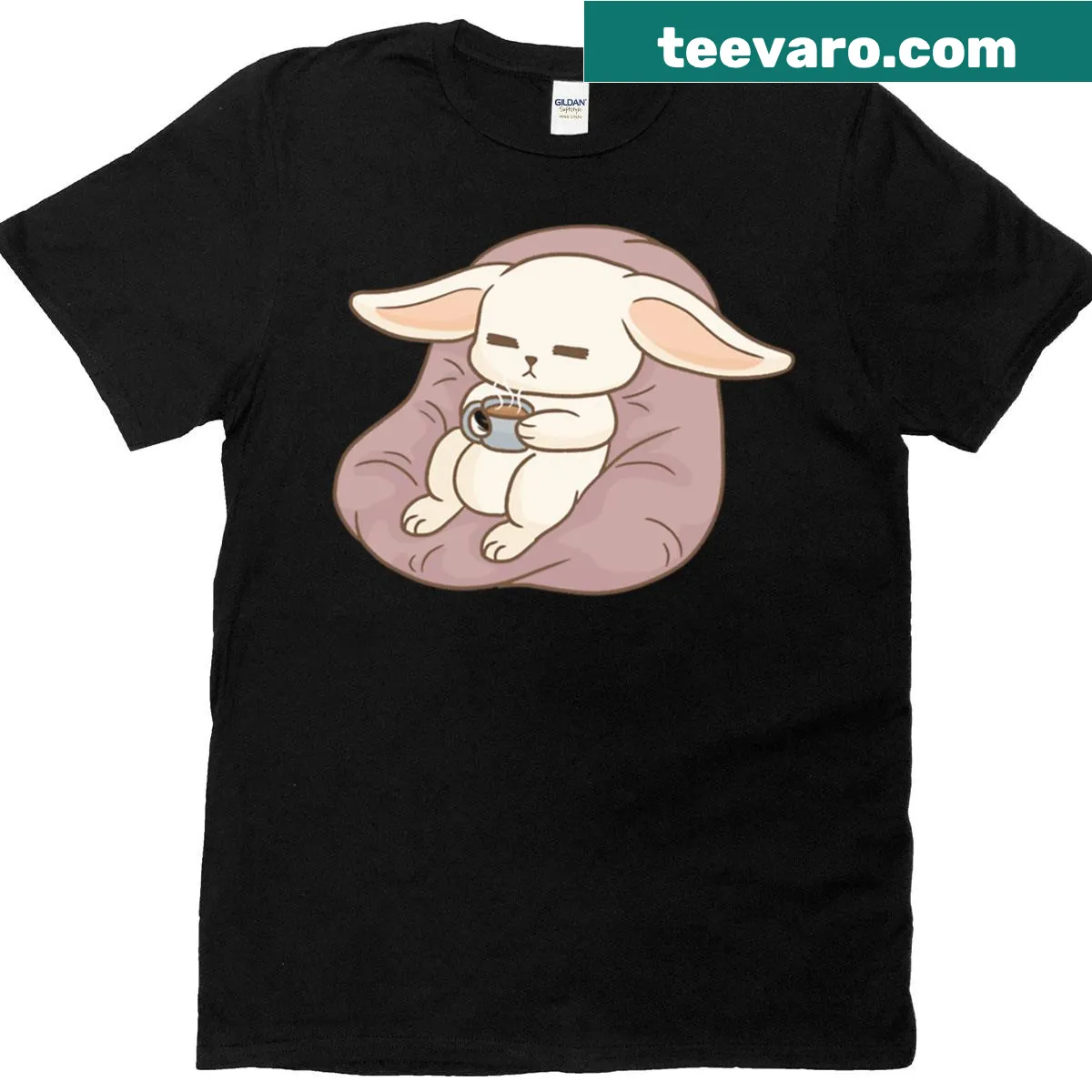 Realistic T-shirt featuring a resting rabbit illustration — on a men's t-shirt