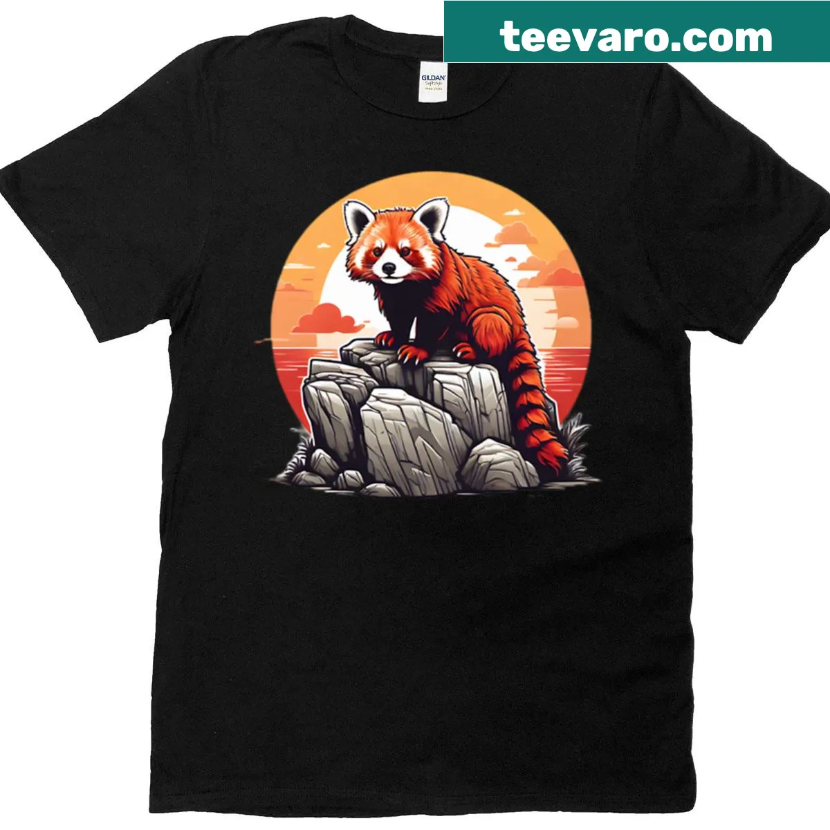 Illustration of a red panda on cliffs on a t-shirt — on a men's t-shirt