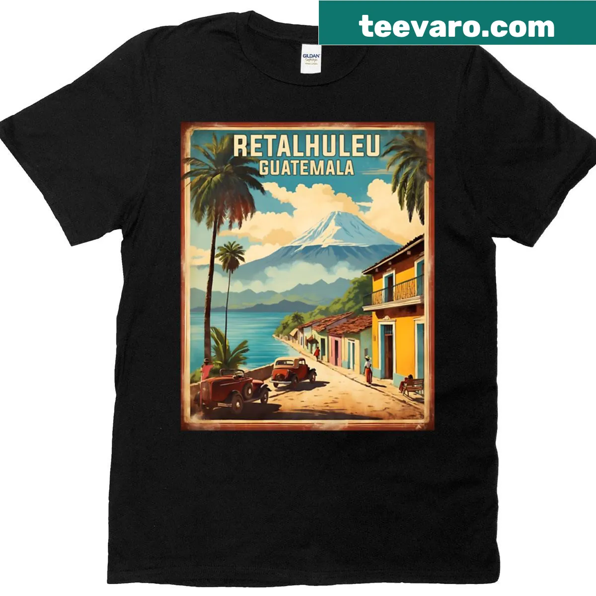 Vintage-style T-shirt featuring Retalhuleu Guatemala poster — on a men's t-shirt