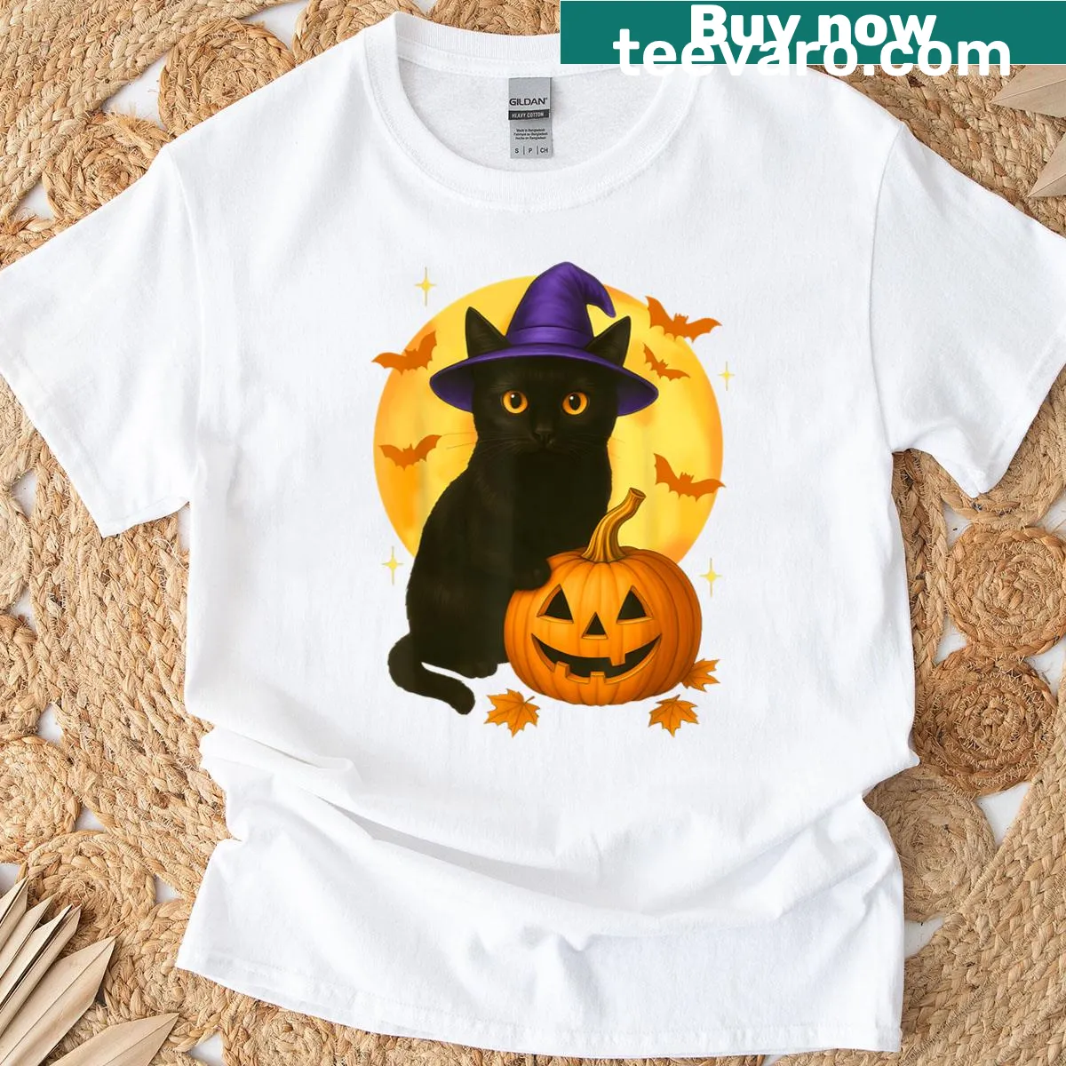 Retro black cat and pumpkin Halloween T-shirt — on a men's t-shirt