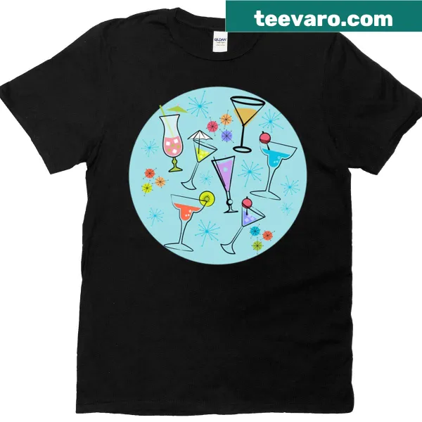 Retro T-shirt featuring a variety of cocktail graphics