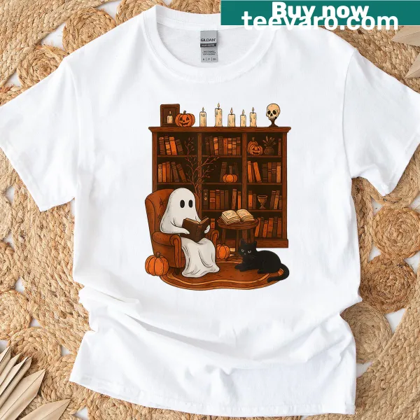 Cute ghost and cat graphic on a cozy Halloween-themed t-shirt.
