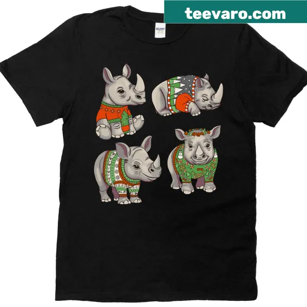 Cartoon T-shirt featuring a funny rhino for Christmas